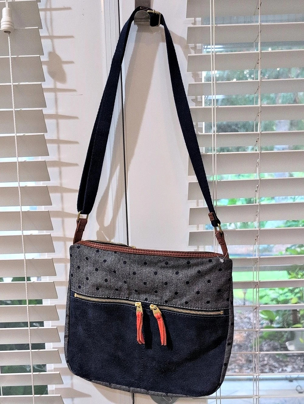 Fossil Blue Polka Dot Canvas , Blue Suede & Leather Trim Crossbody